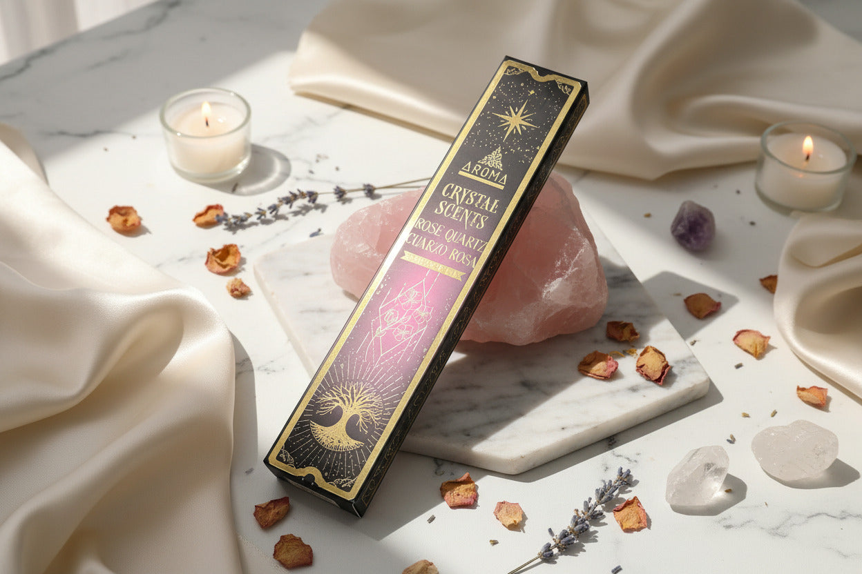 Incienso Artesanal Crystal Cuarzo Rosa - Aroma de Amor Propio y Armonía (20g) - Con Piedras Naturales de Cuarzo Rosa