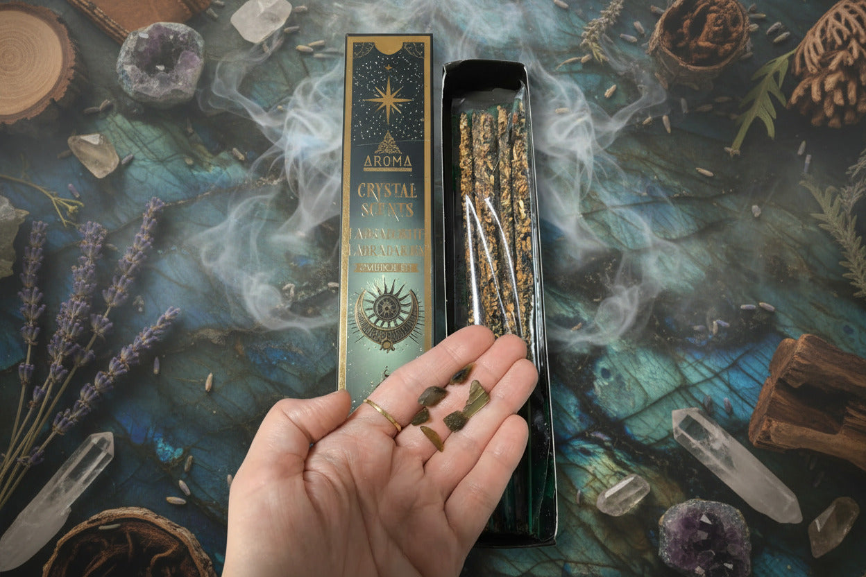 Incienso Artesanal Crystal Labradorita - Aroma de Transformación y Protección (20g) - Con Piedras Naturales de Labradorita
