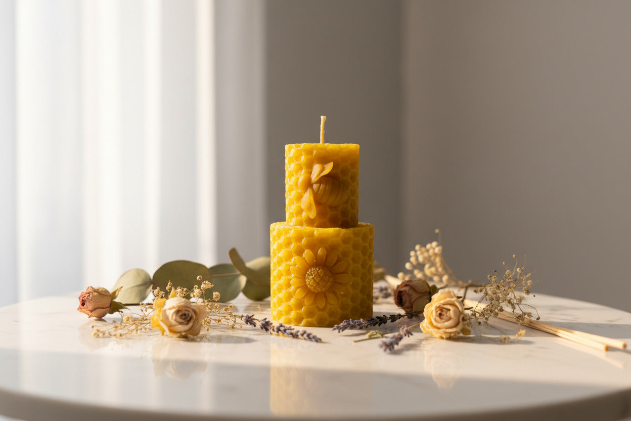 Vela de Miel Artesanal "Florecer y Abundancia" – Cera Natural con Abeja y Flor (7x4.5 cm)