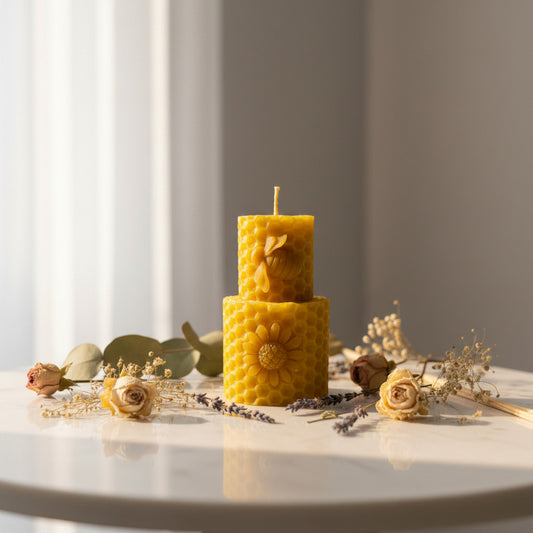 Vela de Miel Artesanal "Florecer y Abundancia" – Cera Natural con Abeja y Flor (7x4.5 cm)