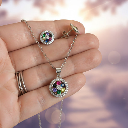 Conjunto "Círculo Cósmico" en Plata Rodiada - Amuleto de Equilibrio y Energía Cromática