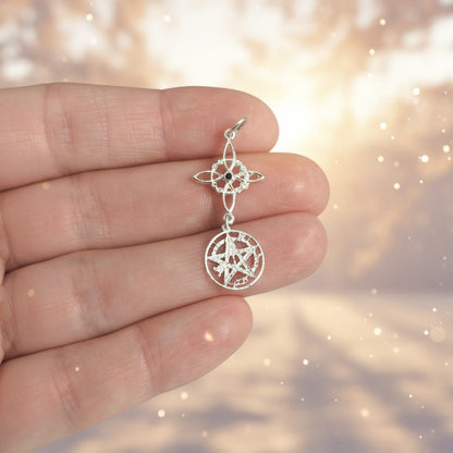 Colgante "Escudo de Ébano" en Plata de Ley - Amuleto Nudo de Bruja, Tetragramatón y Gema Negra