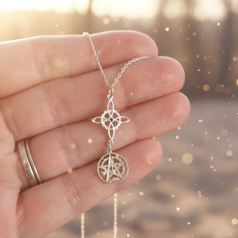 Colgante "Escudo de Ébano" en Plata de Ley - Amuleto Nudo de Bruja, Tetragramatón y Gema Negra