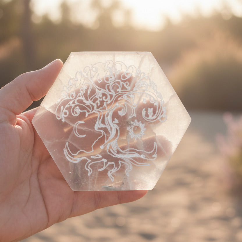 Placa Hexagonal de Selenita Árbol de la Vida – Base de Armonía y Conexión Sagrada