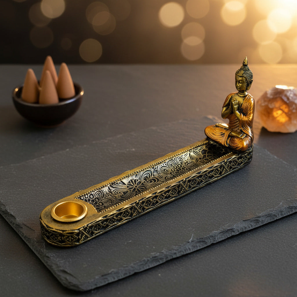 Soporte de Incienso y Conos Buda Dorado Altar Zen – Base de Resina Ornamental (20x7.8 cm)