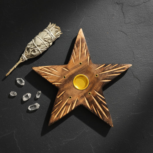 Portaincienso Estrella Solar de Madera Tallada – Soporte para Varitas y Conos (13 cm)