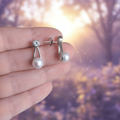 Pendientes "Gota de Luz Eterna" – Plata Rodiada, Perla Cultivada y Circonita (19.7 mm)
