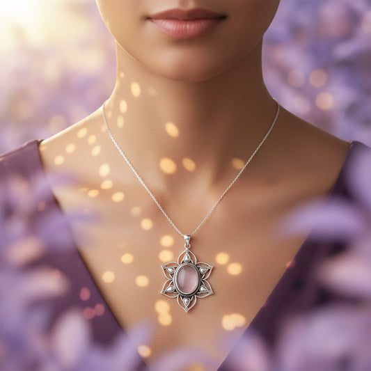 Colgante "Estrella del Corazón" – Plata de Ley 925 con Cuarzo Rosa Natural (46mm)