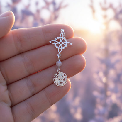 Colgante Triple Protección Femenina (Plata de Ley) - Nudo de Bruja, Tetragramatón y Piedra de Luna