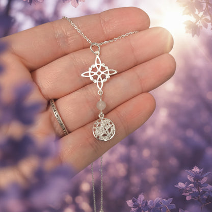 Colgante Triple Protección Femenina (Plata de Ley) - Nudo de Bruja, Tetragramatón y Piedra de Luna