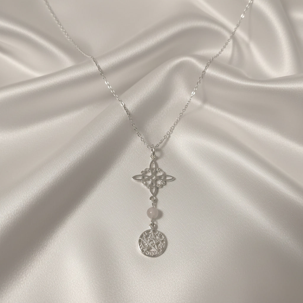 Colgante Triple Protección Femenina (Plata de Ley) - Nudo de Bruja, Tetragramatón y Piedra de Luna