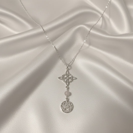 Colgante Triple Protección Femenina (Plata de Ley) - Nudo de Bruja, Tetragramatón y Piedra de Luna