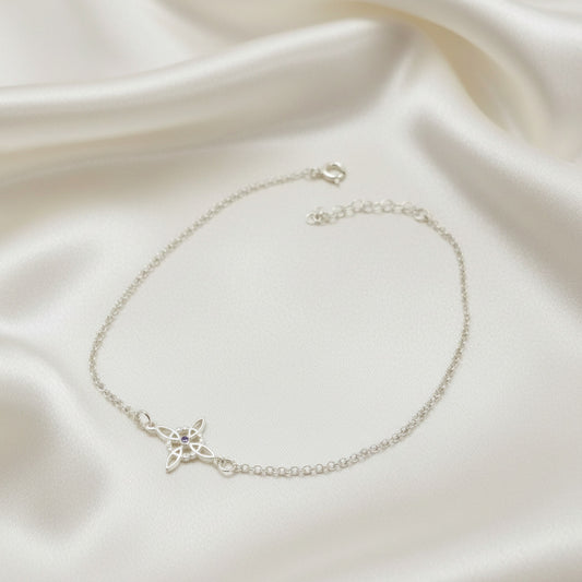 Tobillera "Senda de Intuición" – Nudo de Bruja con Circonita Malva en Plata de Ley 925