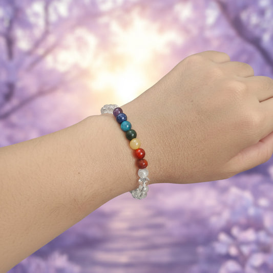 Pulsera "Equilibrio Universal" – Siete Chakras y Cuarzo Cristal Natural (6mm / 8mm)