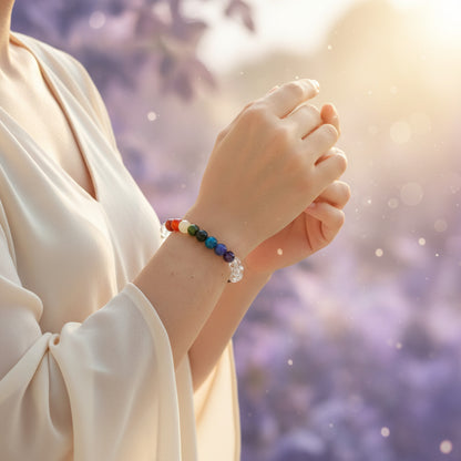 Pulsera "Equilibrio Universal" – Siete Chakras y Cuarzo Cristal Natural (6mm / 8mm)