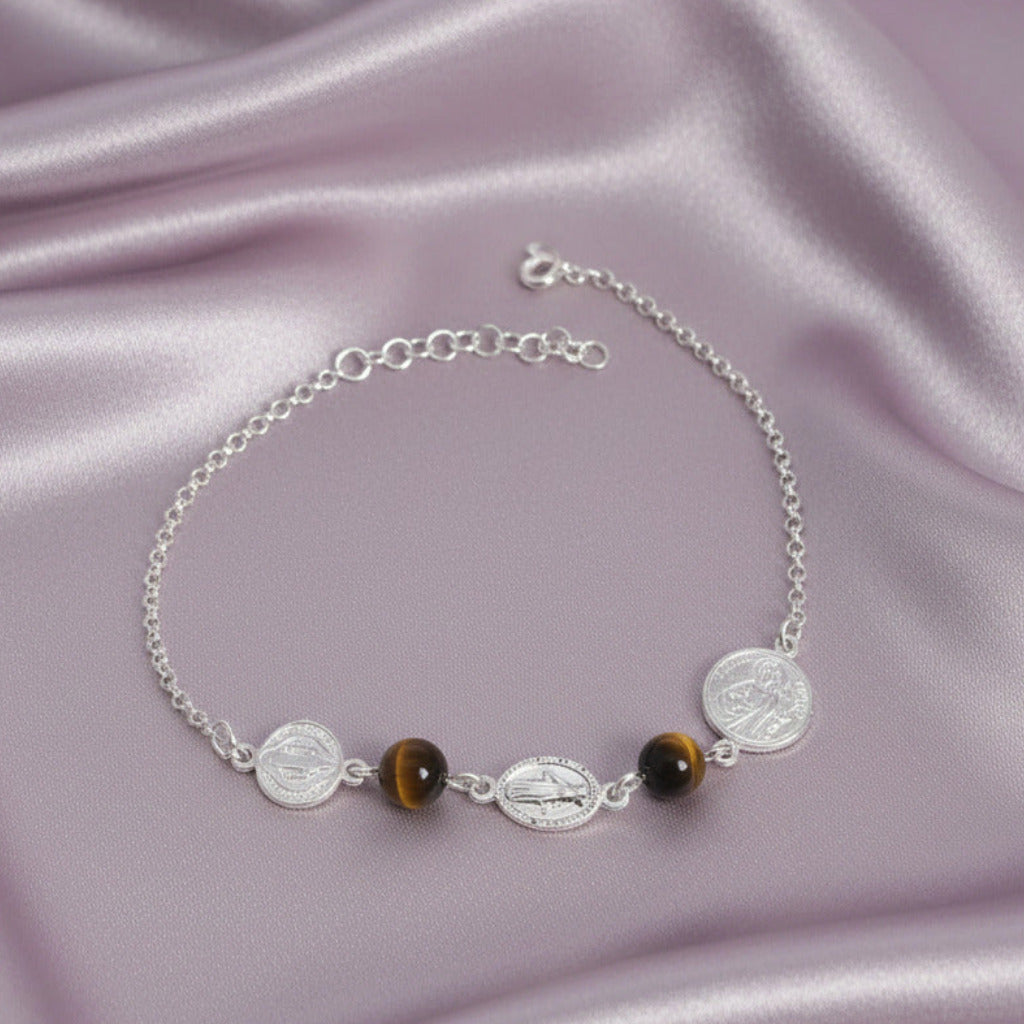 Pulsera "Escudo de Luz" – Medallas de Protección en Plata 925 y Ojo de Tigre