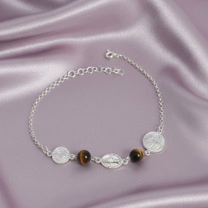 Pulsera "Escudo de Luz" – Medallas de Protección en Plata 925 y Ojo de Tigre