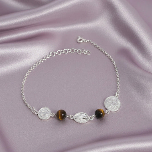 Pulsera "Escudo de Luz" – Medallas de Protección en Plata 925 y Ojo de Tigre