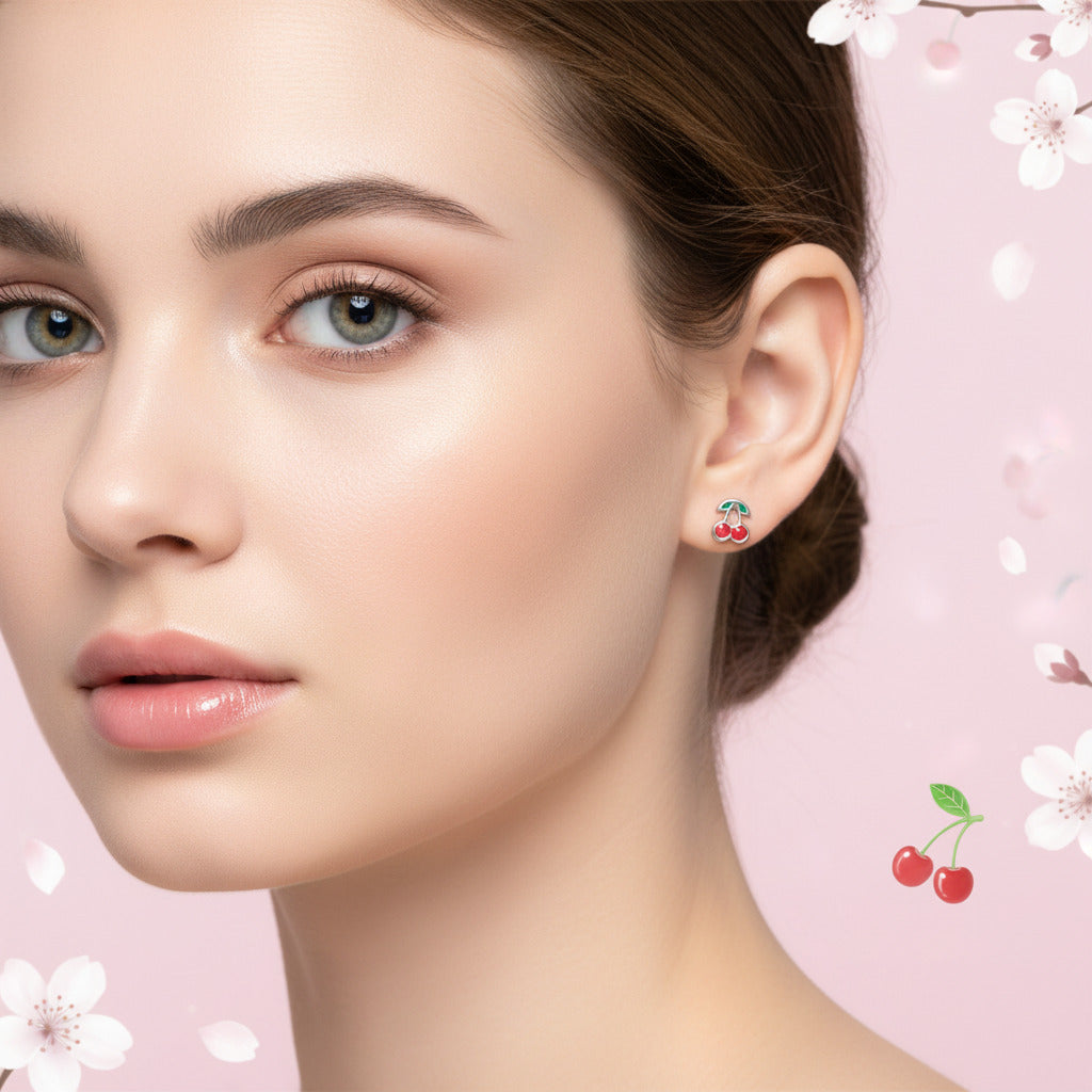 Pendientes Cerezas Dulces - Plata de Ley 925 y Esmalte Rosa - Amuleto de Abundancia y Regalo de Alegría