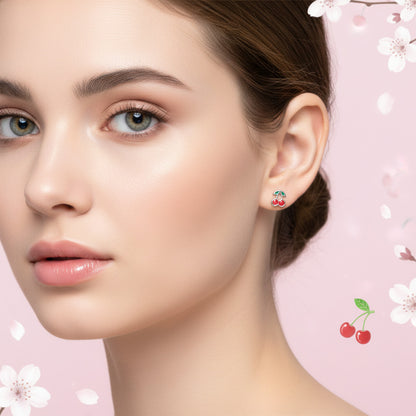 Pendientes Cerezas Dulces - Plata de Ley 925 y Esmalte Rosa - Amuleto de Abundancia y Regalo de Alegría