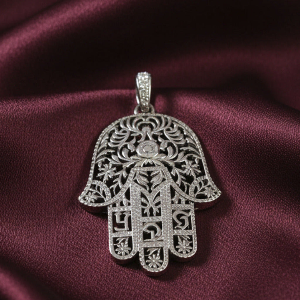 Colgante Mano de Fátima Grande - Plata de Ley 925 y Circonitas - Amuleto de Protección y Regalo Espiritual