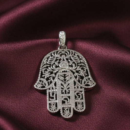 Colgante Mano de Fátima Grande - Plata de Ley 925 y Circonitas - Amuleto de Protección y Regalo Espiritual
