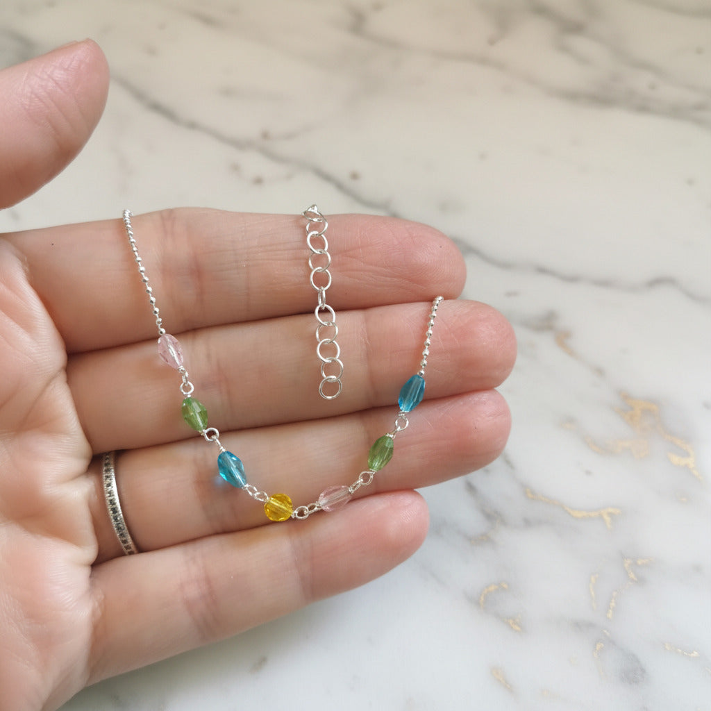 Tobillera de Plata de Ley 925 con Cadena de Bolitas y Piedras de Colores - Amuleto de Enraizamiento y Regalo de Protección
