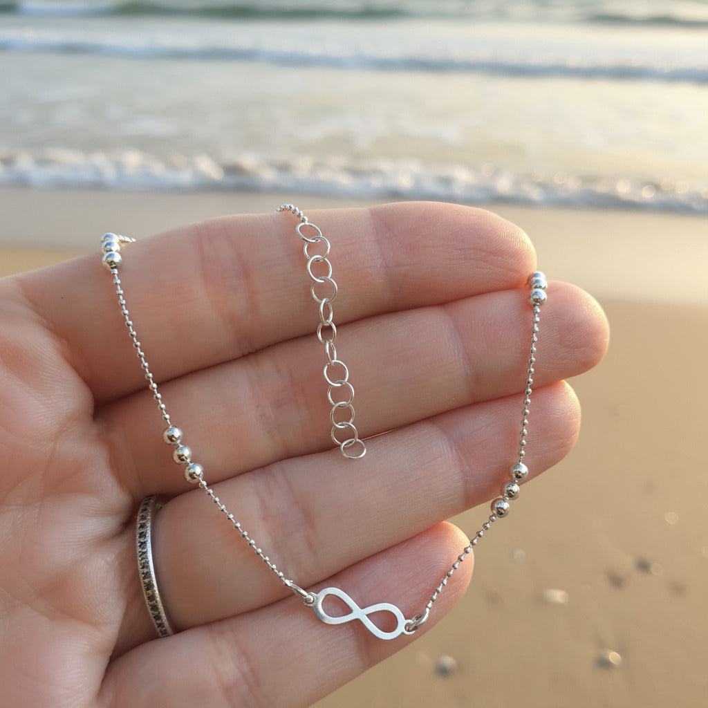Tobillera Infinito de Plata de Ley 925 - Amuleto de Flujo Eterno y Regalo de Protección Espiritual