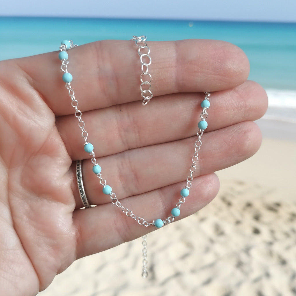 Tobillera de Plata de Ley 925 con Cadena Rolo y Bolas Turquesas - Amuleto de Calma Espiritual y Regalo de Protección