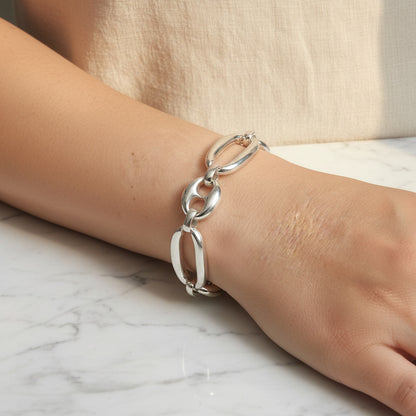 Pulsera de Eslabones Ovalados y Calabrote de Plata de Ley 925 - Amuleto de Enraizamiento, Estabilidad y Regalo de Protección Mística