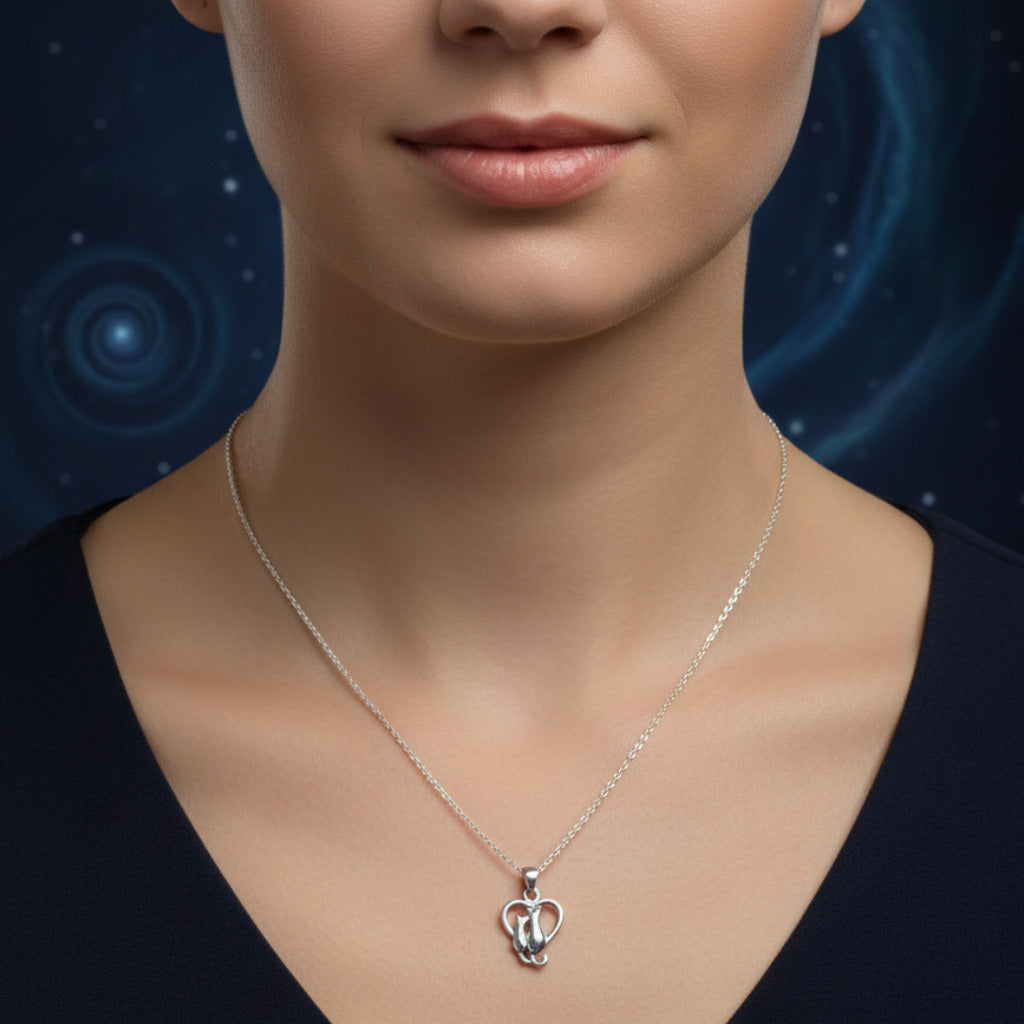 Conjunto de Pendientes y Colgante Gatos en Corazón de Plata de Ley 925 Rodiada - Amuleto de Conexión Espiritual, Guía Felina y Regalo de Protección Mística