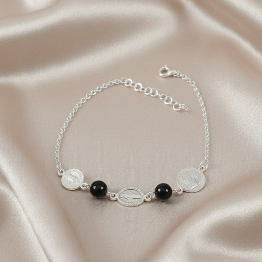 Pulsera de San Benito, San Judas, Virgen Milagrosa en Plata de Ley 925 y Ónix - Amuleto de Alta Protección, Fe y Regalo de Sanación Espiritual