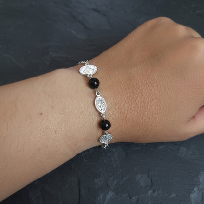Pulsera de San Benito, San Judas, Virgen Milagrosa en Plata de Ley 925 y Ónix - Amuleto de Alta Protección, Fe y Regalo de Sanación Espiritual