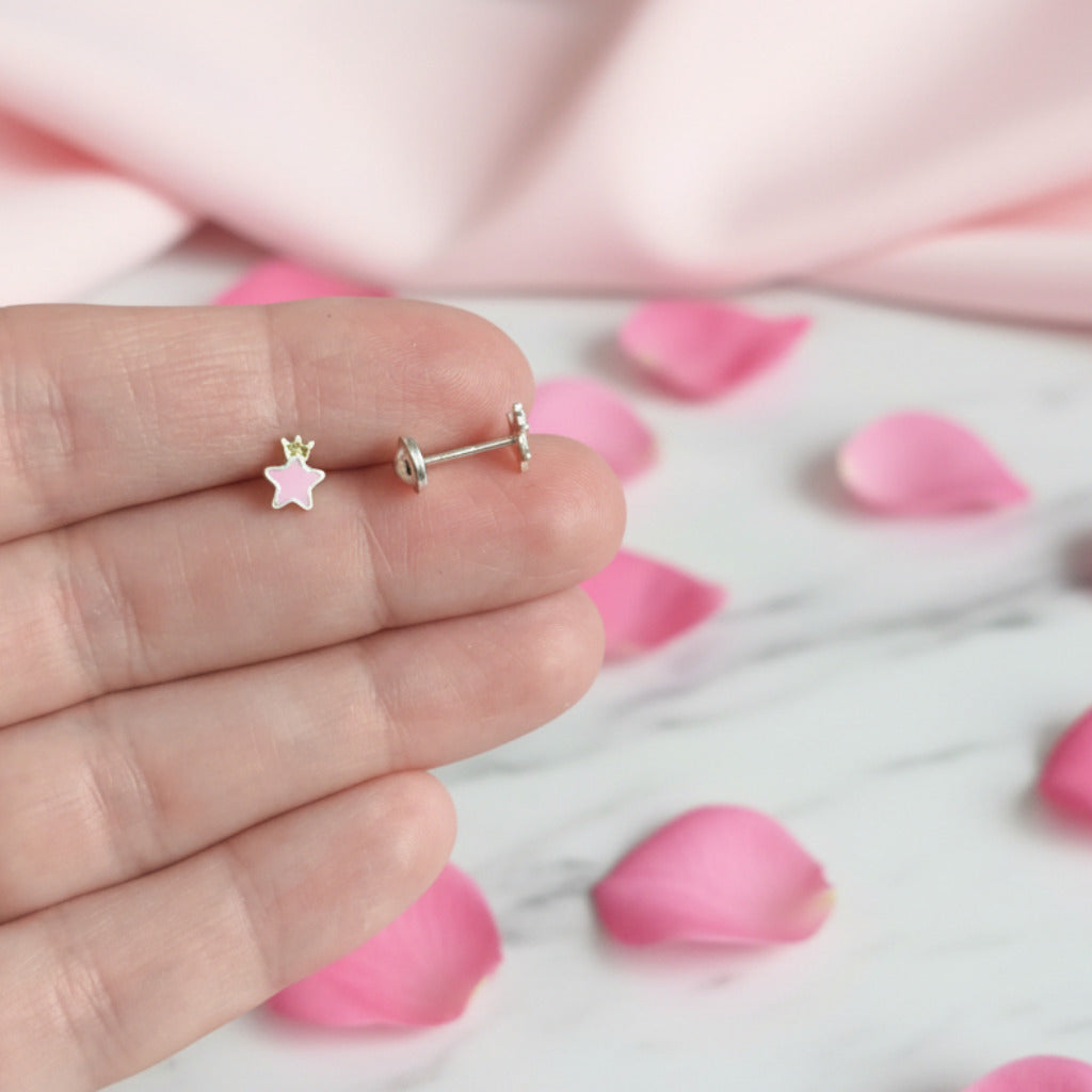 Pendientes de Estrella con Corona en Plata de Ley 925 Esmaltados - Amuleto de Luz Celestial, Intuición Infantil y Regalo de Protección Mágica