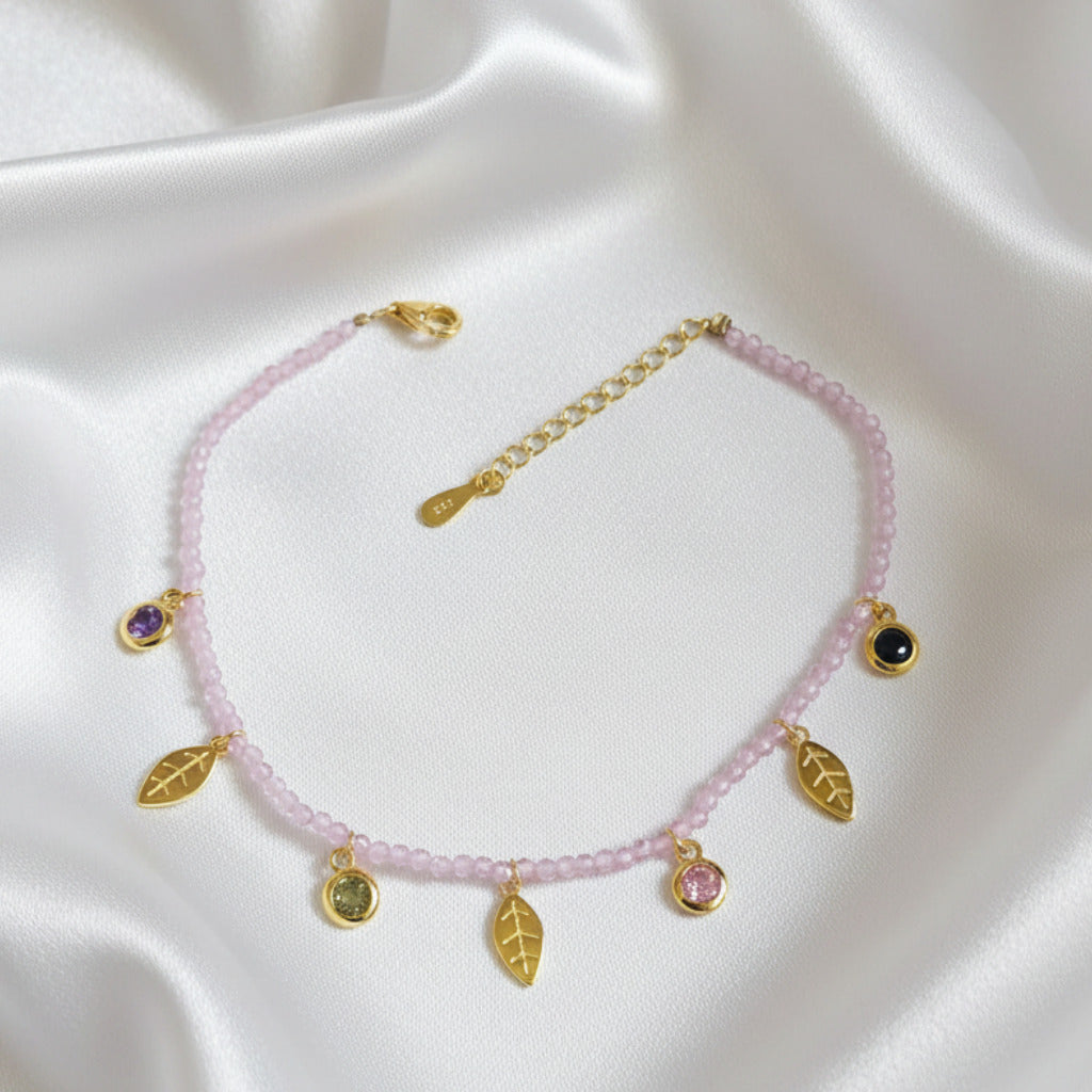Pulsera de Hojas y Piedras Rosas en Plata de Ley 925 Chapada en Oro con Circonitas - Amuleto de Abundancia Natural, Florecimiento Espiritual y Regalo de Protección Mística