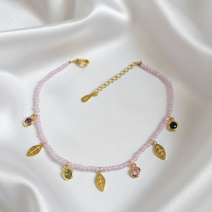 Pulsera de Hojas y Piedras Rosas en Plata de Ley 925 Chapada en Oro con Circonitas - Amuleto de Abundancia Natural, Florecimiento Espiritual y Regalo de Protección Mística