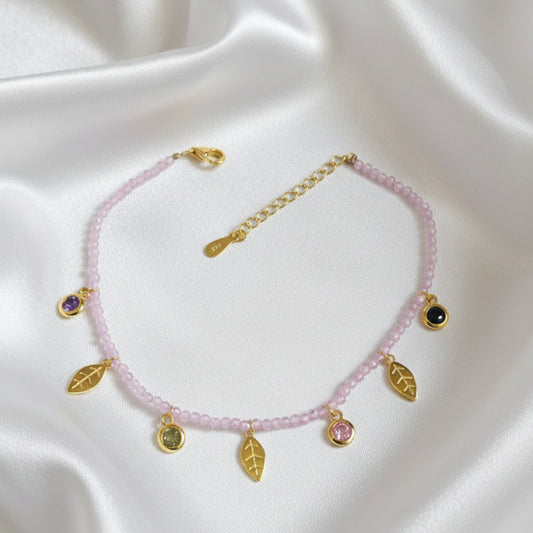 Pulsera de Hojas y Piedras Rosas en Plata de Ley 925 Chapada en Oro con Circonitas - Amuleto de Abundancia Natural, Florecimiento Espiritual y Regalo de Protección Mística