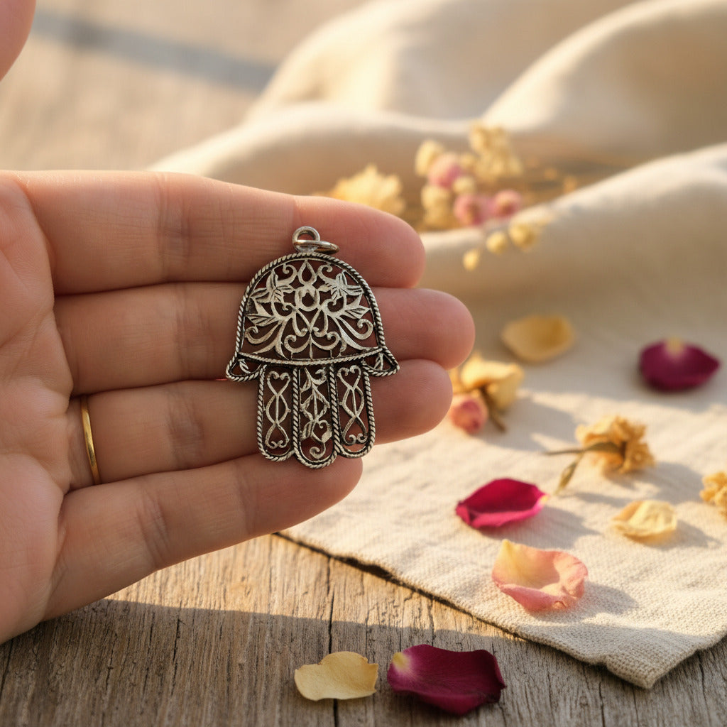 Colgante Mano de Fátima de Plata de Ley 925 Calada - Amuleto de Protección Espiritual y Regalo Sagrado