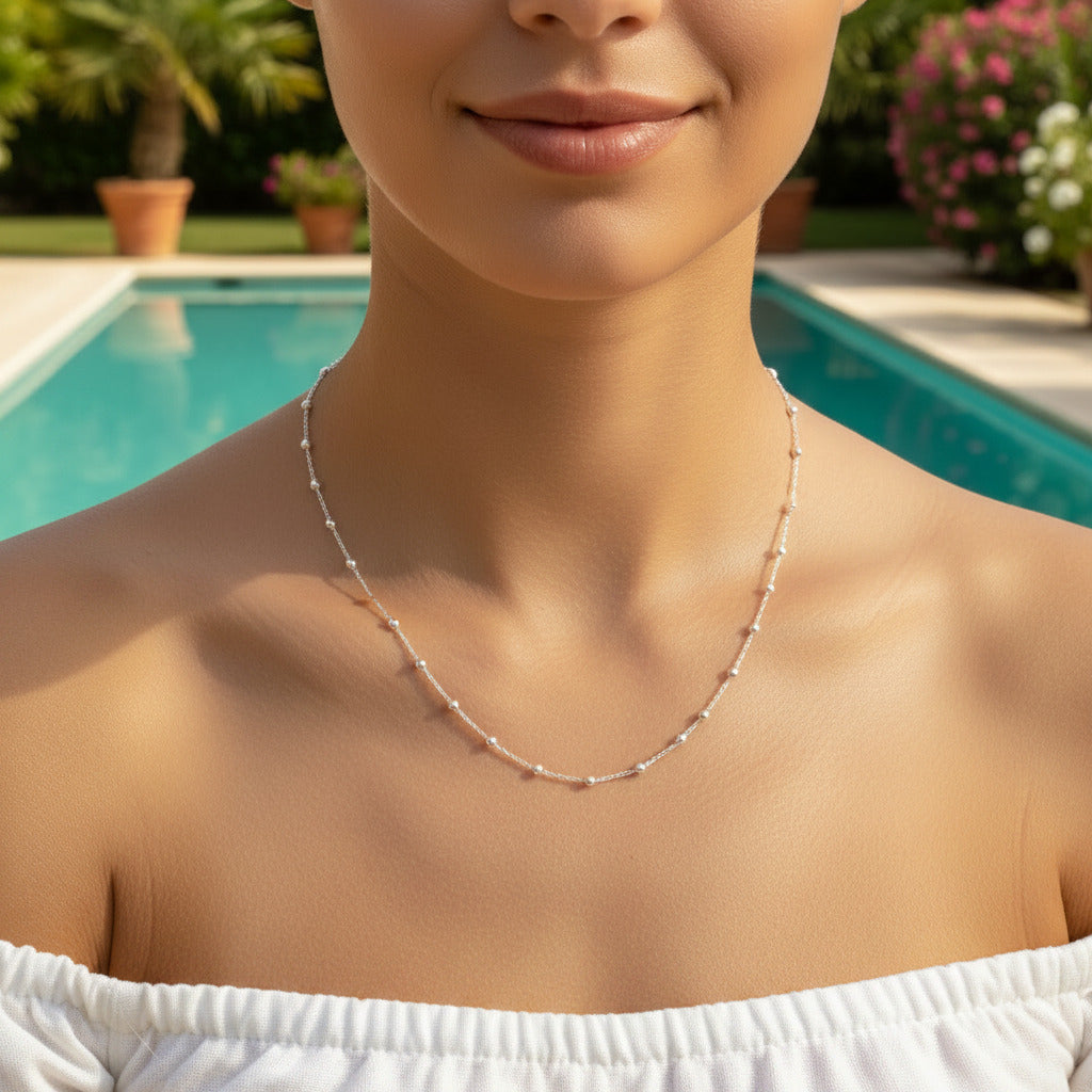 Cadena 45 cm de Plata de Ley 925 Lisa con Bolitas Combinadas - Collar de Diseño Elegante y Regalo Sofisticado
