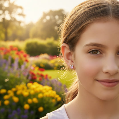 Pendientes Chatón de Silueta de Fantasía en Plata de Ley 925 con Circonitas Rosa y Blanco - Regalo Infantil Atemporal