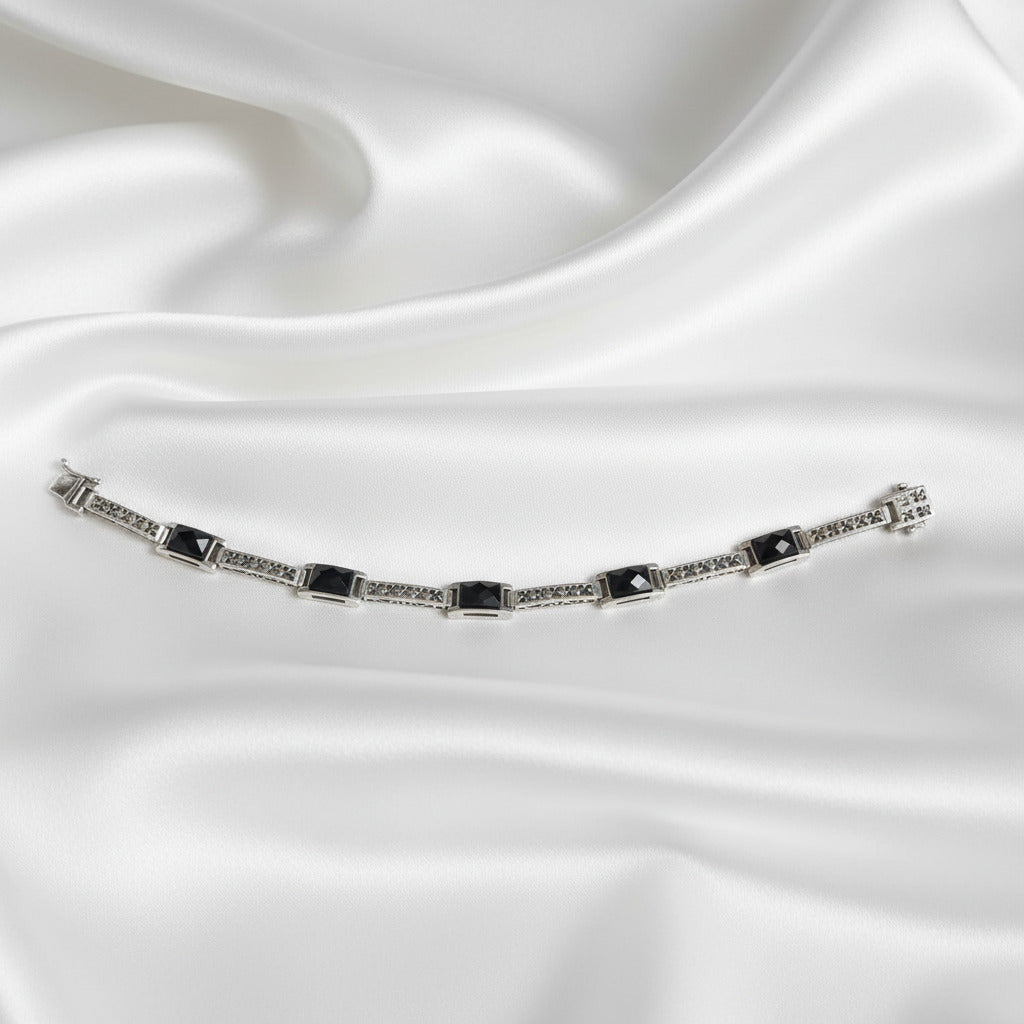Pulsera de Plata de Ley 925 con Piedras Negras Facetadas - Regalo Elegante para Mujer