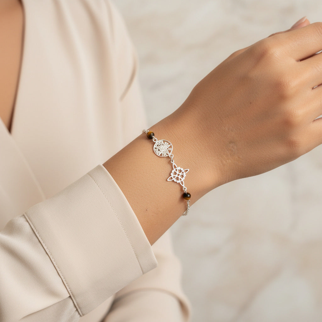 Pulsera Nudo de Bruja y Tetragramatón en Plata de Ley 925 con Ojo de Tigre - Amuleto de Protección