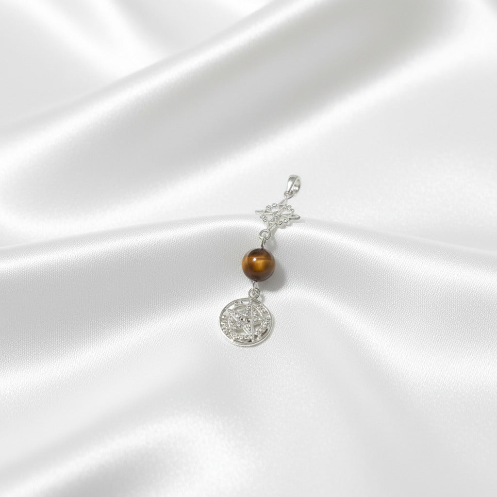 Colgante Nudo de Bruja y Tetragramatón en Plata de Ley 925 con Ojo de Tigre - Amuleto de Protección