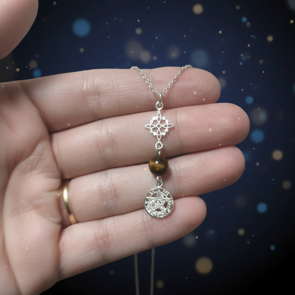 Colgante Nudo de Bruja y Tetragramatón en Plata de Ley 925 con Ojo de Tigre - Amuleto de Protección