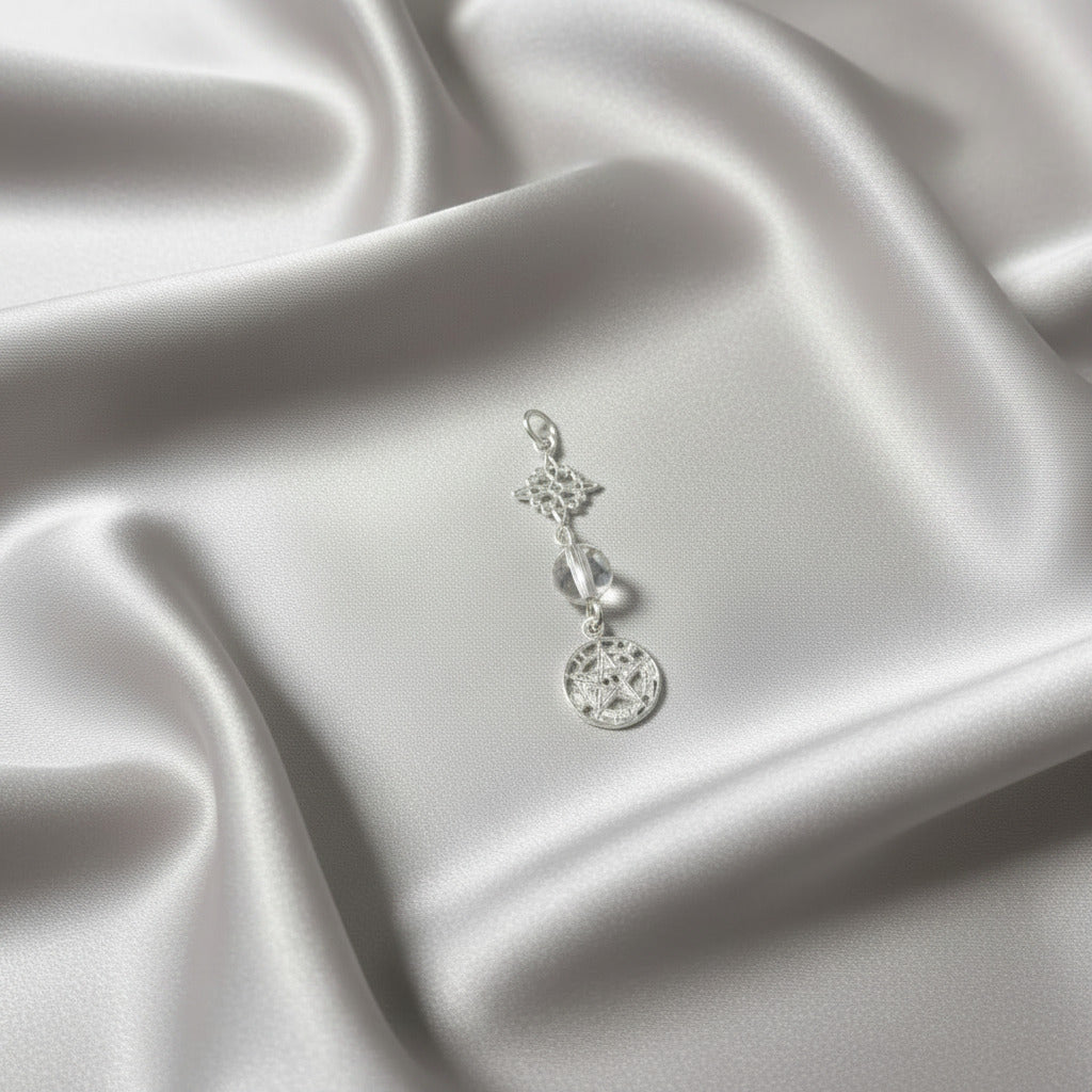 Colgante Nudo de Bruja y Tetragramatón en Plata de Ley 925 con Cuarzo Transparente - Amuleto de Protección