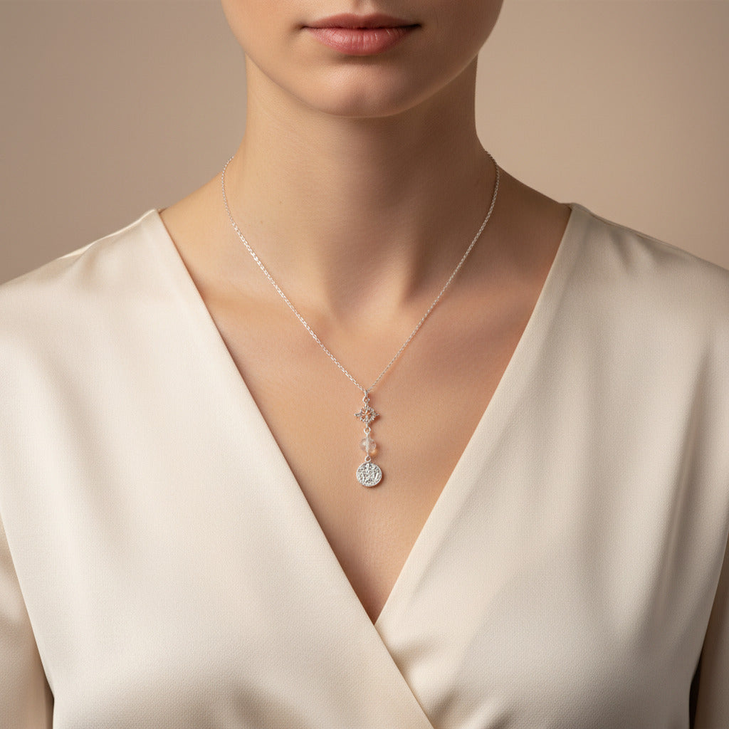 Colgante Nudo de Bruja y Tetragramatón en Plata de Ley 925 con Cuarzo Transparente - Amuleto de Protección