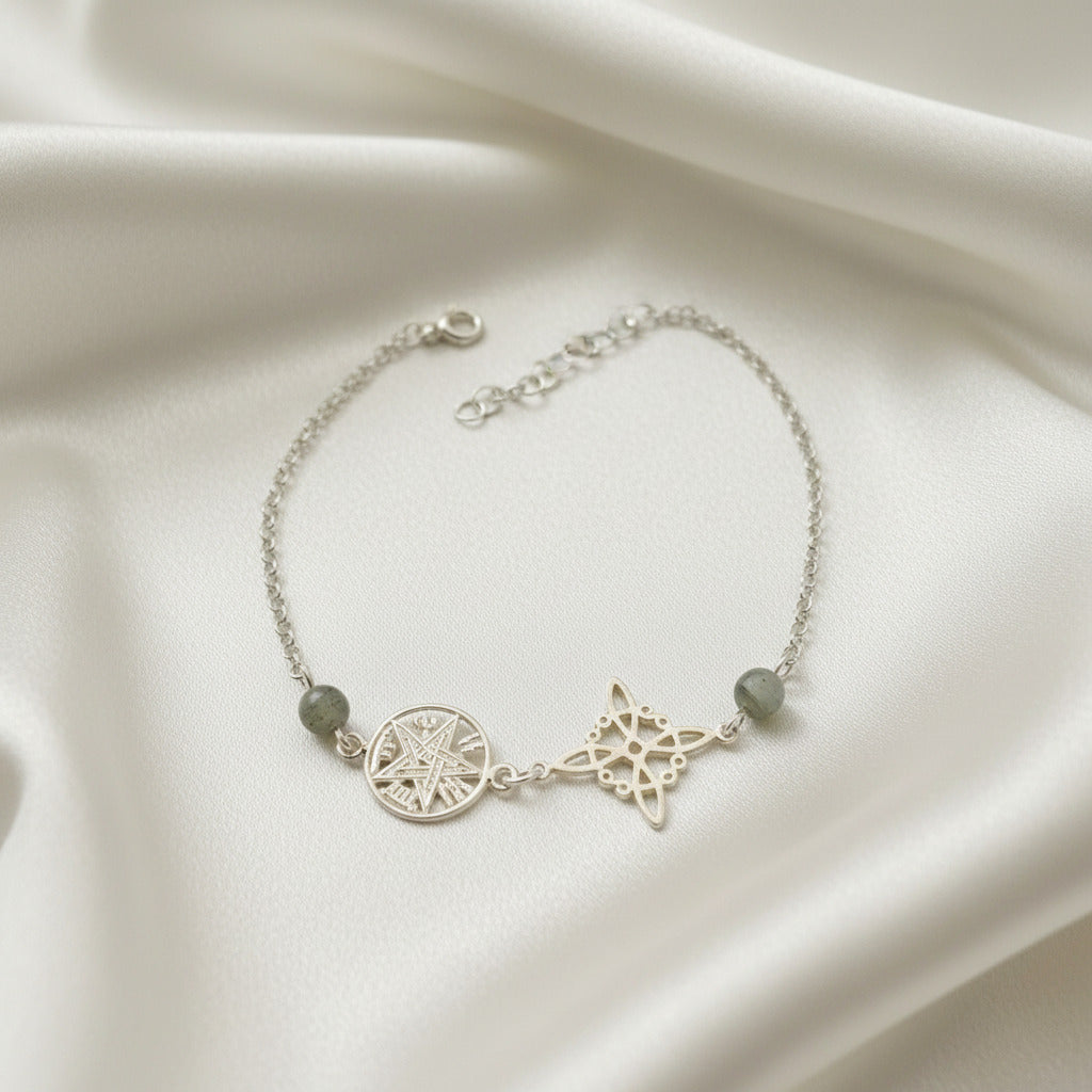 Pulsera Nudo de Bruja y Tetragramatón en Plata de Ley 925 con Labradorita - Amuleto de Protección y Transformación