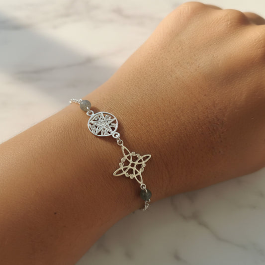 Pulsera Nudo de Bruja y Tetragramatón en Plata de Ley 925 con Labradorita - Amuleto de Protección y Transformación