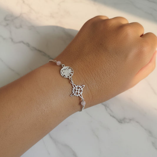 Pulsera Nudo de Bruja y Tetragramatón en Plata de Ley 925 con Cuarzo Rosa - Amuleto de Protección y Amor Propio