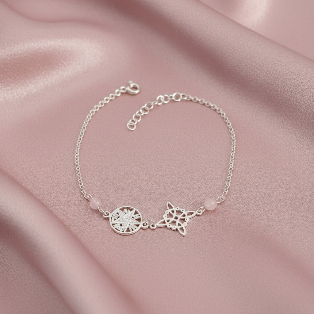 Pulsera Nudo de Bruja y Tetragramatón en Plata de Ley 925 con Cuarzo Rosa - Amuleto de Protección y Amor Propio
